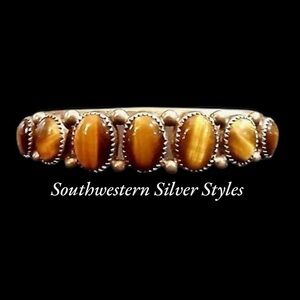 Authentic Vintage Navajo Patrick Yazzie Sterling Silver Tigers Eye Cuff Bracelet